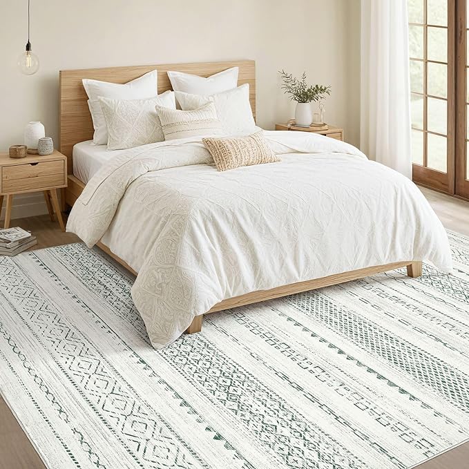 Nakagishi Green Rug Living Room Rugs: 9x12 Washable Boho Large Neutral Soft Farmhouse Stain Resistant Modern Non Slip Indoor Floor Carpet for Bedroom Nursery Kids Playroom Office Dining Room Home