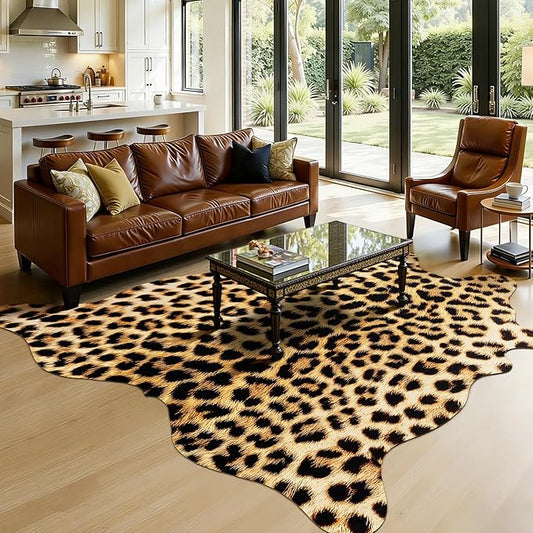 AROGAN Western Decor Faux Fur Leopard Rug, 6.2 x 7 Feet Premium Animal Skin Leopard Hide Rug, Sturdy Cheetah Print Rugs for Wall Decor, Western Floor Carpet for Bedroom Living Room, Black and Gold