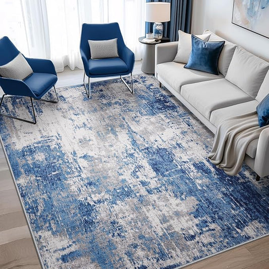 Washable Area Rugs 4'x5' Non-Slip Modern Abstract Soft for Living Room Entryway Bedroom Nursery, Print Pattern, Blue Grey Navy Gray