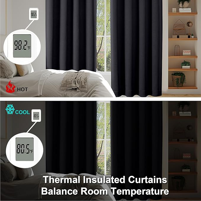 Simplebrand Ava Halloween Black Blackout Curtains for Bedroom 90 Inches Long 2 Panels Set, Solid Privacy Energy Saving Living Room Window Treatment Curtains Blackout Drapes, W40 x L90 Inch, Black