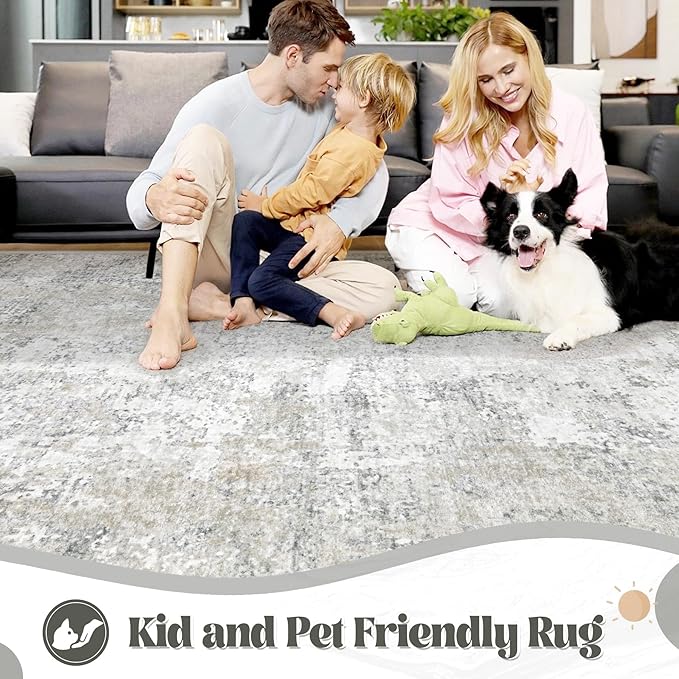 8x10 Area Rugs for Living Room, Washable Modern Abstract Large Area Rug Neutral Soft Non Slip Kids Rug Stain Resistant Indoor Carpet for Bedroom Nursery Dining Room Playroom(BeigeGrey, 8'x10')