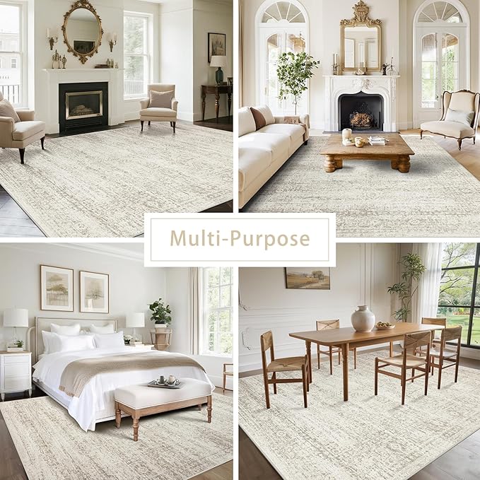 Washable Rugs 8x10 Area Rugs for Living Room,Ultra Soft Faux Wool Retro Rugs for Bedroom,Dining Room,Non Slip&Non-Shedding Low Pile Vintage Print Rug Indoor Large Carpets for Home Office Decor