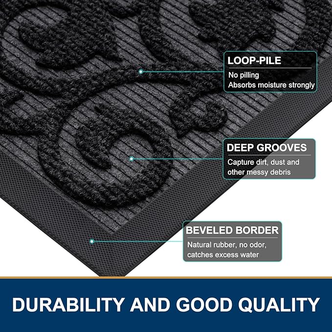 Smiry Welcome Door Mat Outside Entrance, Heavy Duty Trap Dirt and Moisture Easy Clean Low Profile Patio Porch Indoor Outdoor Front Doormat for Entry, 29.5x17 Inch, Black