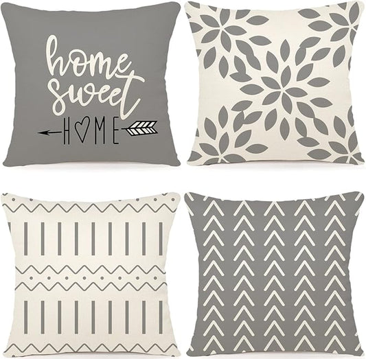 YCOLL Pillow Covers 22x22 Set of 4, Modern Sofa Throw Pillow Cover, Decorative Outdoor Linen Fabric Pillow Case for Couch Bed Car，Gray