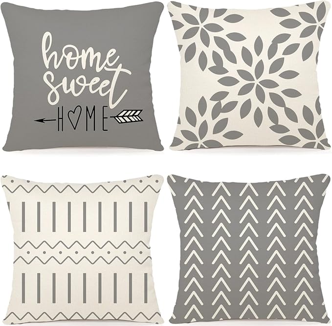 YCOLL Pillow Covers 16x16 Set of 4, Modern Sofa Throw Pillow Cover, Decorative Outdoor Linen Fabric Pillow Case for Couch Bed Car，Gray