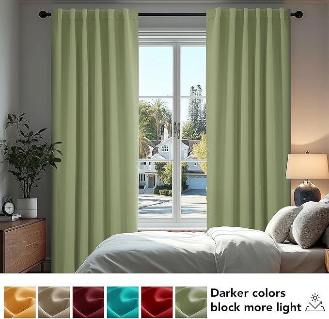Deconovo Blackout Curtains, Thermal Insulated, W70 x L63 2 Panels, Back Tab, Machine Washable, Room-Darkening Drapes for Bedroom/Living Room Sage Green