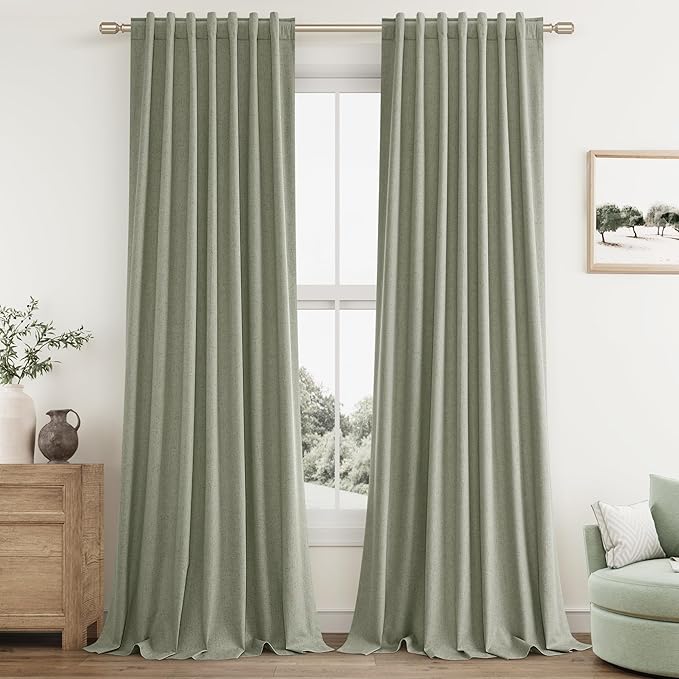 Sage Green 100% Blackout Curtains 96 Inch Length 2 Panels Set for Living Room Bedroom Back Tab Thermal Insulated Black Out Linen Drapes Room Darkening Window Curtains 96 Inches Long