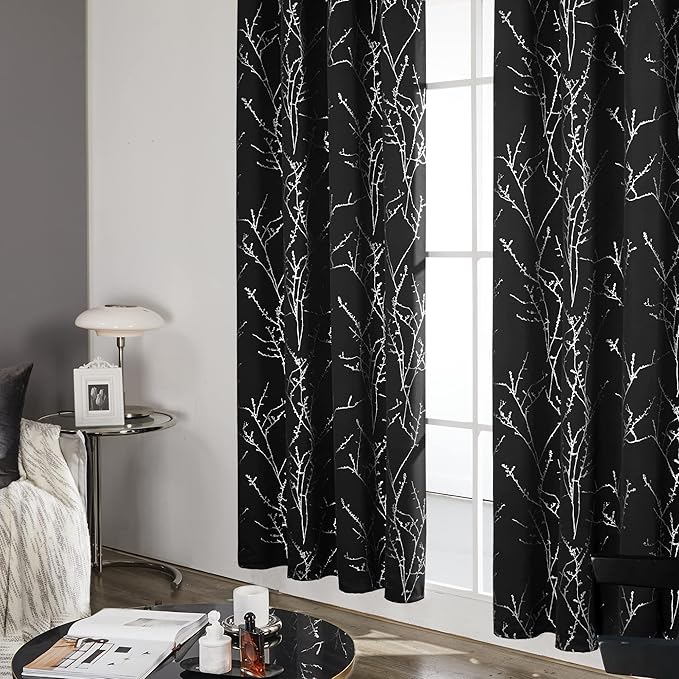 Deconovo Black Blackout Curtains, Thermal Insulated Soundproof Privacy Curtain Drapes, Branch Foil Print, 42 x 84 Inch Long, 2 Panels, Machine‑Washable Window Panel for Bedroom Living Room Office Home