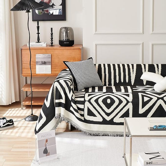 HANDONTIME Boho Sofa Covers for Dogs Black Couch Sofa Covers for 3 Cushion Couch Sofa Beige Chenille Sofa Slipcover Washable Sectional l Shaped Covers Pets Protector Furniture Covers, 91" X150"