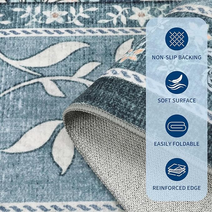 GarveeHome Misty Blue Botanical Grove 4ft Round Rug, Small Circle Vintage Cottagecore Soft Low-Pile Non-Slip Washable Rugs for Living Room Bedroom Nursery Kitchen Retro Carpet