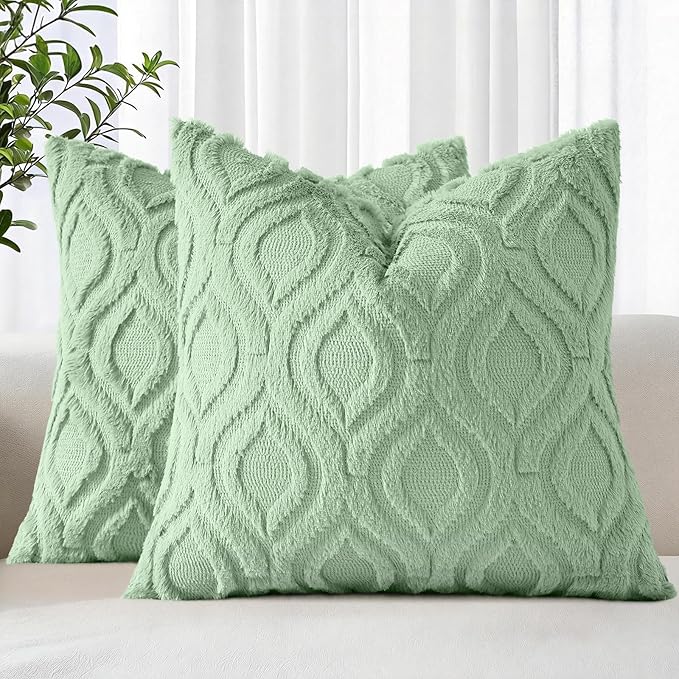 decorUhome Throw Pillow Covers 20x20 Inch Set of 2, Soft Plush Faux Wool Sage Green Solid Couch Pillow Covers, Accent Farmhouse Neutral Square Pillow Cases for Sofa Bed Living Room