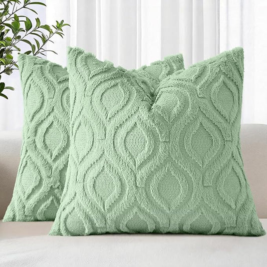 decorUhome Throw Pillow Covers 26x26 Inch Set of 2, Soft Plush Faux Wool Sage Green Solid Couch Pillow Covers, Accent Euro Sham Farmhouse Neutral Square Pillow Cases for Sofa Bed Living Room