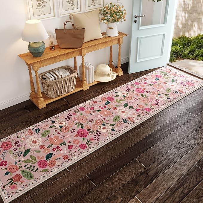 Rugcomf Washable Kitchen Runner 2'7"x12' - Floral Long Hallway Runner Rug Non Slip, Boho Carpet for Entryway, Hall, Bathroom - Pink