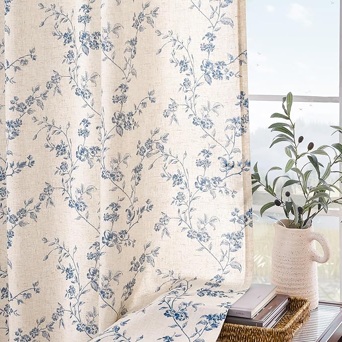 Lazzzy Blue Floral Linen Curtains 90 Inch Farmhouse Back Tab Drapes for Living Room Bedroom Light Filtering Vintage Grandmillennial Rod Pocket Curtains, 2 Panels, W38 x L90, Blue on Beige