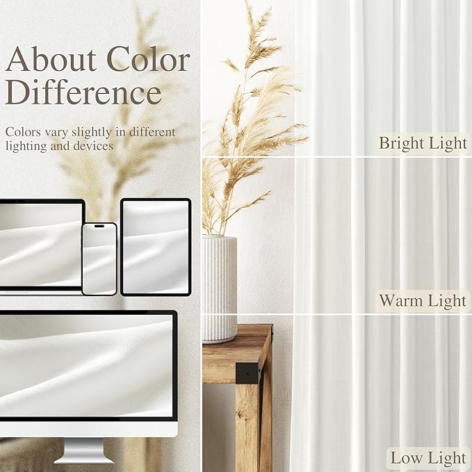 Ivory Linen Curtains 108 Inches Long 2 Panels Set Back Tab Rod Pocket Semi Sheer Cotton Textured Light Filtering Extra Long Curtain Farmhouse High Ceiling Curtains for Living Room 9Ft 40x108