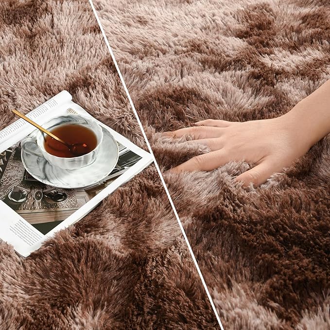 Deerhoo Shag Area Rug, 4 X 6 Tie-Dyed Plush Fuzzy Rugs for Living Room, Ultra Soft Fluffy Furry Rug for Bedroom, Indoor Carpet Nursery Rugs for Kids Room Home Decor, Coffee