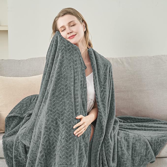 inhand Grey Fleece Twin Blanket, Super Soft Flannel Cozy Blankets for Adults, Lightweight Leaves Pattern Fuzzy Blanket for Couch Sofa Bed Office, Warm Plush Blankets for All Season, 60x90 Inches