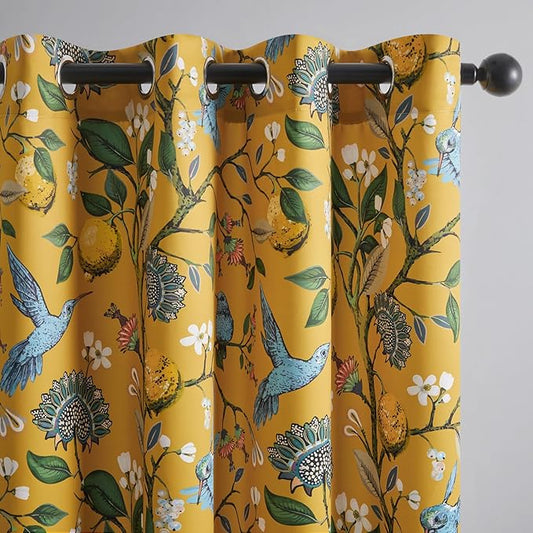 Topfinel 48 Inches Long Short Mustard Yellow Blackout Curtains for Cafe Kitchen, Grommet Room Darkening Luxury Floral Lemon Hummingbird Patterned Waverly Colorful Drapes for Living Room Bedroom