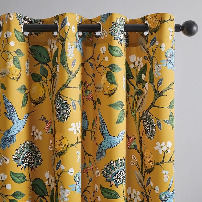 Topfinel 100 Inches Long Mustard Yellow Luxury Curtains for Living Room Bedroom, Blackout Vintage Art Deco Victorian Curtains Floral Lemon Hummingbird Printed Grommet Drape 100 Inch Length