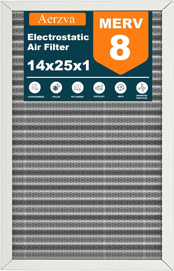 14x25x1 Reusable Air Filter, MERV 8, Permanent Electrostatic Air Filter by Aerzva