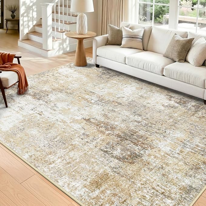 Washable Area Rugs 9'x12' Non-Slip Modern Abstract Soft for Living Room Entryway Bedroom Nursery, Print Pattern, Neutral Brown Gray