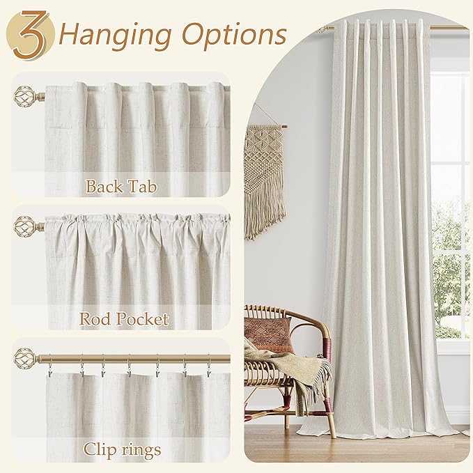 Guken 102 Inches Extra Long Boho 100% Blackout Linen Curtains 2 Panels Set for Living Room Bedroom Back Tab Thermal Insulated Black Out High End Drapes Room Darkening Window Curtain