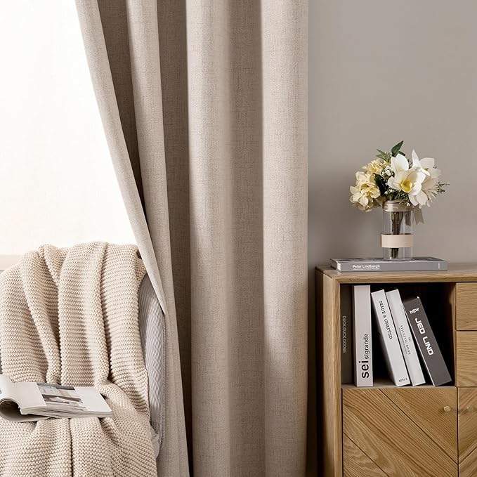 MIULEE 100% Blackout Linen Textured Curtains for Bedroom 112 Inches Extra Long Thermal Insulated Natural Beige Grommet Room Darkening Curtains & Drapes Luxury for Living Room Nursery (2 Panels)