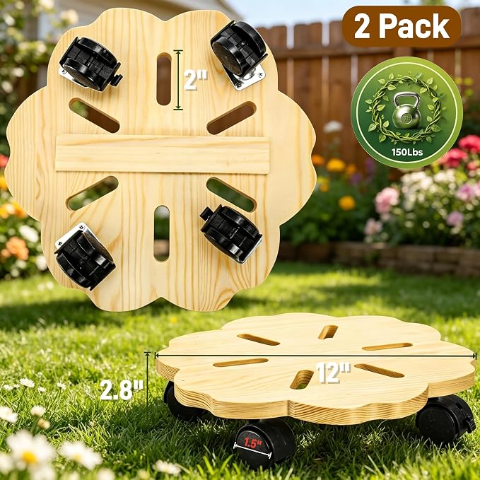 2 Pack 12" Plant Caddy with Wheels, Heavy Duty Wooden Rolling Plant Stands with - Image 2
