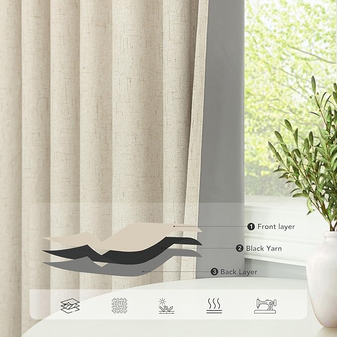 Darkening Curtains for Bedroom 72 Inch Length 2 Panels Coastal Linen Textured Blackout Curtains for Nursery Room Divider Office Cabin Closet Draft Blocking Block Out Kids Drape 52x72 Long Sand Beige