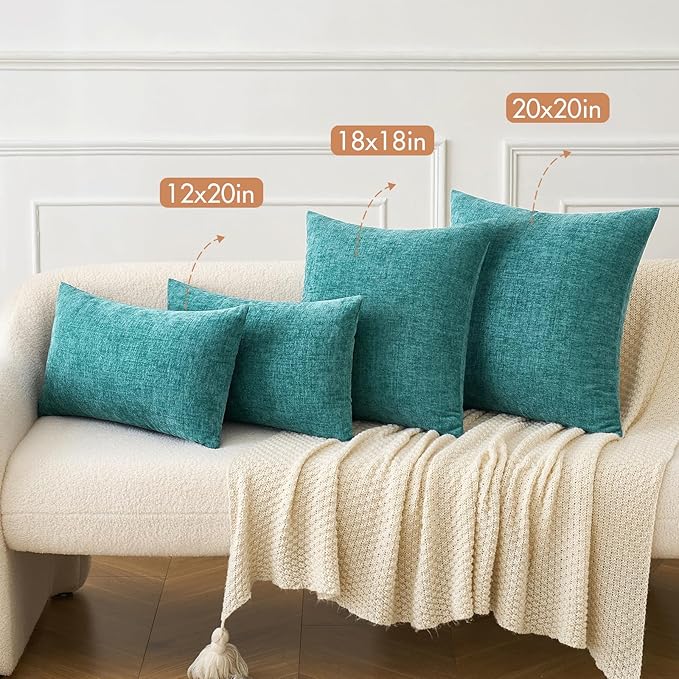 MIULEE Pack of 2 Couch Throw Pillow Covers 20x20 Inch Soft Teal Chenille Pillow Covers for Sofa Living Room Solid Dyed Pillow Cases