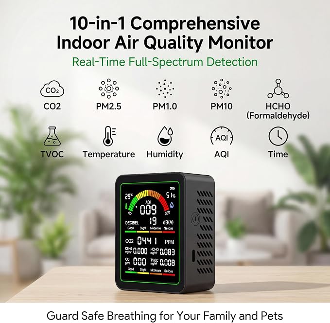 10-in-1 Indoor Air Quality Monitor, Portable Air Tester, ‌HCHO‌ Detector | - Image 2