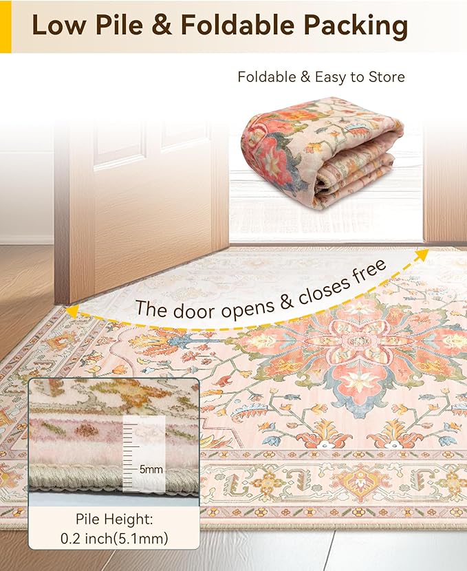RELEANY Area Rugs 9'x12' Washable Non-Slip, Floral Vintage Distress Print Pattern Medallion Carpet for Living Room Bedroom Dining Room, Light Pink Colorful