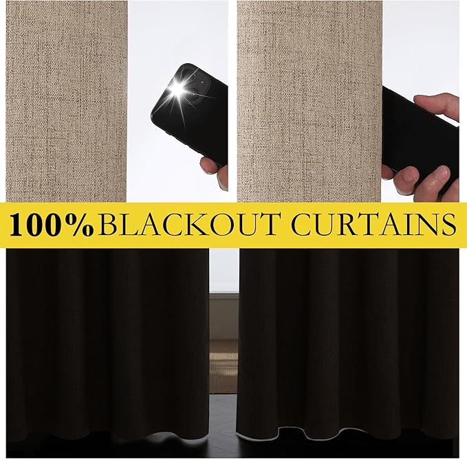 NICETOWN Burlap Vintage Open Linen Weave Flax Thermal Curtains, 100% Blackout Curtains 120" Long for Dining Room, Soundproof Window Treatment Drapes for Home Office, 62" Wide Per Panel, Set of 2
