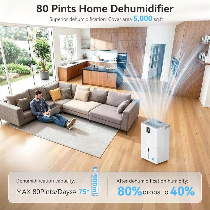 5000 Sq.Ft Most Efficient Energy Star 2025 Wi-Fi Dehumidifier, Max 80 Pints - Image 2