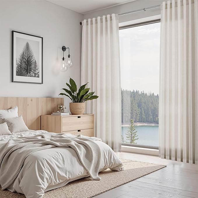 Nanspring 108 Inch Long Curtains for Living Room Pearl White Linen Coastal Decor Light Filtering Semi Sheer Curtain Back Tab Modern Floor to Ceiling High Window for Bedroom 52x108,2 Panels