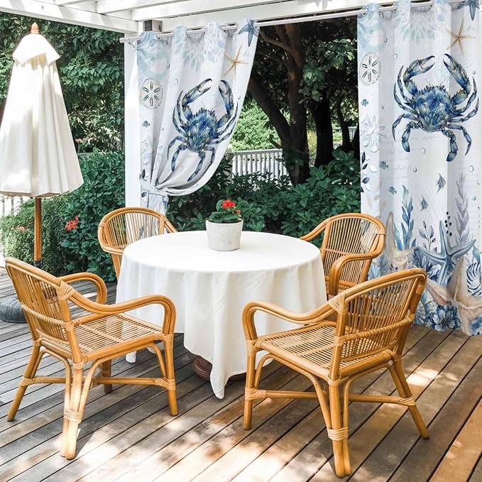 Oceans Outdoor Curtains for Patio Crabs Marine Life Shell Starfish Blue - Image 4