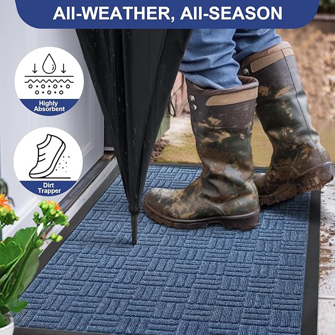 Mibao Front Door Mat, Heavy Duty Durable Welcome Mat for Outdoor Indoor, Dirt Trapper Waterproof Super Absorbent Door Mat for Entryway Outside Patio Porch, 35.5" x 24", Blue