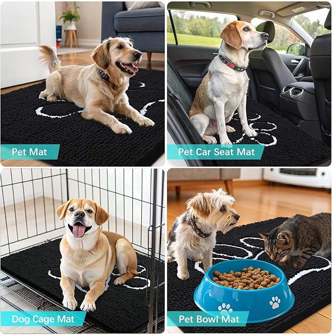 OLANLY Dog Door Mat for Muddy Paws 44x32, Paw Print Design, Absorbs Moisture and Dirt, Absorbent Non-Slip Washable Doormat, Quick Dry Chenille Mud Mat for Dogs, Entry Indoor Entryway Carpet, Black