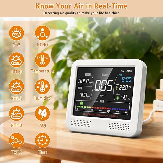 16-in-1 Air Quality Monitor 18Hr Battery 7" LCD CO2 PM2.5 TVOC AQI Alert - Image 2