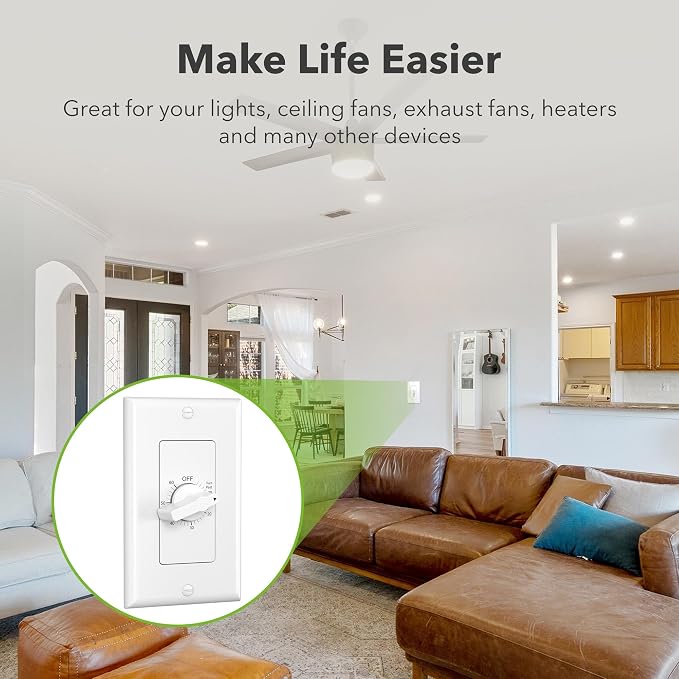 BN-LINK 60 Minute Spring Wound Bathroom Fan Timer Switch, Mechanical Countdown - Image 3