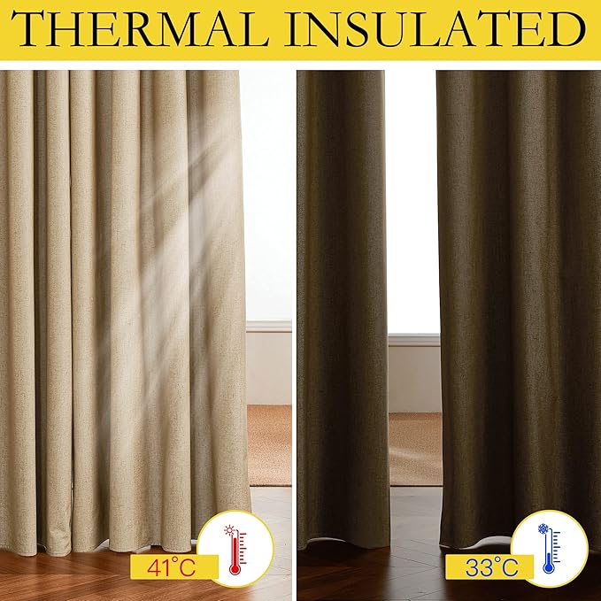 NICETOWN 100% Blackout Camel Linen Curtains 95 inches Length with Thermal Insulated Liners, 2 Panels, 62 inches W, Farmhouse Style Room Cooling Small Window Draperies for Dining Room