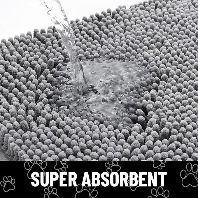 Smiry Dog Door Mat for Muddy Paws, Absorbent Dirt Trapper Non Slip Quick Dry Washable Chenille Mat for Mud Dogs, Entry Rug for Indoor and Outdoor (70x32 Inches, Grey and Black)