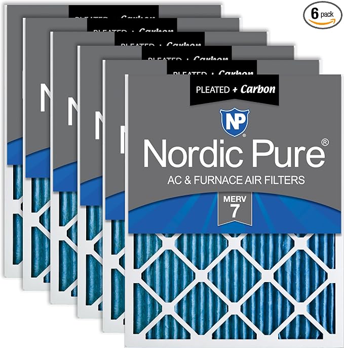 Nordic Pure 25x25x1 Pleated MERV 7 Plus Carbon Air Filters 6 Pack | Actual by NordicPure