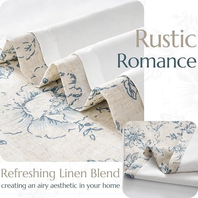 jinchan Lined Linen Blend Curtain Floral Curtains for Living Room 108 Inches Long Blue Peony Flower Printed Curtain Rod Pocket Back Tab Farmhouse Patterned Drapes Bedroom Window Curtains Set 2 Panels