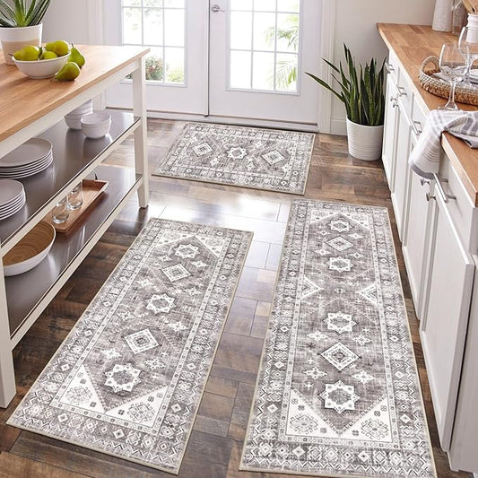 HEBE Boho Kitchen Rug Sets 3 Piece with Runner Non Slip Kitchen Rugs and Mats Washable Kitchen Mats for Floor Thick Kitchen Floor Mat Carpet Runner Rugs for Hallway Laundry Holiday Decor