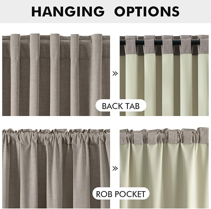 MIULEE 100% Blackout Linen Curtains for Bedroom, Greige Solid Luxury Decor Thermal Insulation Room Darkening Drapes for Living Room Nursery Back Tab Rod Pocket 42 x 72 Inches, 2 Panels