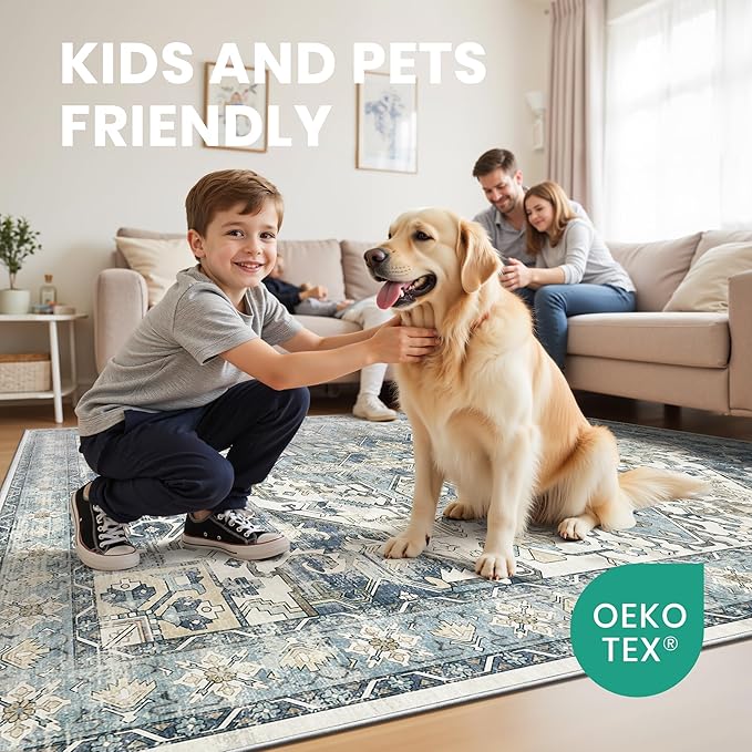 zesthome 5x7 Washable Rug-Stain Resistant Area Rugs for Living Room, Ultra-Thin Vintage Rugs, Non-Slip Backing Rug, Low Pile Large Area Rug, Boho Home Decor