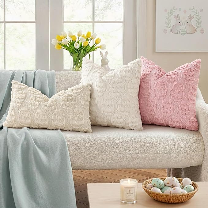 decorUhome Easter Cream White Egg Pillow Covers 16x16 Inch Set of 2, Soft Plush Faux Wool Jacquard Cushion Covers, Farmhouse Neutral Fuzzy Spring Easter Holiday Decor for Couch Sofa Bed