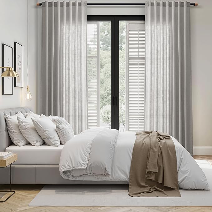 Nanspring Light Gray Linen Curtains 102 Inches Long for Living Room Modern Farmhouse Decor Rod Pocket Back Tab Light Filtering Boho Semi Sheer Grey Curtain for Bedroom 52x102, 2 Panels