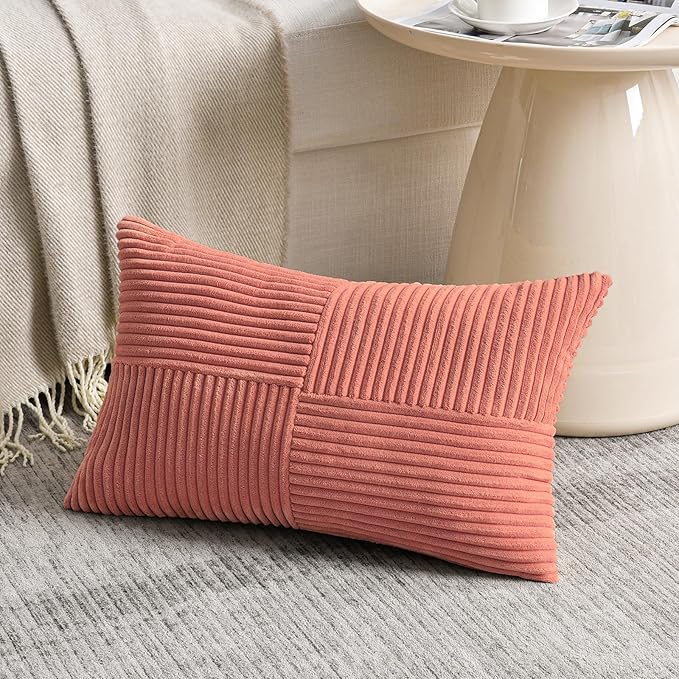 Fancy Homi 2 Packs Coral Lumbar Decorative Throw Pillow Covers 16x28 Inch for Living Room Couch, Rustic Farmhouse Boho Home Decor, Soft Striped Corduroy Rectangle Accent Peach Cushion Case 40x70 cm